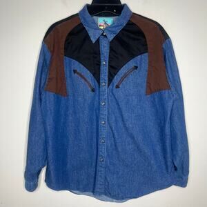 VTG P.S. Rhinestones Panhandle Slim Western Pearl Snap Shirt Denim Button Up L